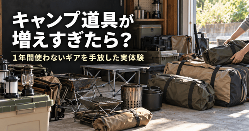 増えすぎたキャンプ道具を整理している様子
